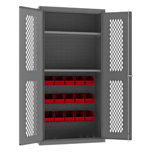 Durham EMDC36242S15B1795 Ventilated Cabinet, 14 Gauge, 2 Shelves, 15 Red Bins, 36 X 24 X 72