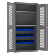 Load image into Gallery viewer, Durham EMDC36242S15B5295 Ventilated Cabinet, 14 Gauge, 2 Shelves, 15 Blue Bins, 36 X 24 X 72