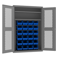 Load image into Gallery viewer, Durham EMDC-481872-24B-2S-5295 Ventilated Cabinet, 14 Gauge, 2 Shelves, 24 Blue Bins, 48 X 18 X 72