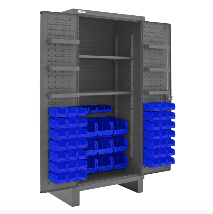 Durham HDC36-60-2S6D5295 Cabinet, 12 Gauge, 2 Shelves, 6 Door Shelves, 60 Blue Bins, 36 X 24 X 78