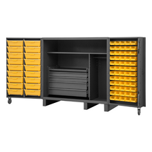 Load image into Gallery viewer, Durham HDC60-72DC18TB5B95 Cabinet, 12 Gauge, 2 Shelves, 60 Bins, 18 Tilt-Bins, 4 Drawer, Wardrobe Bar, 60 X 36 X 60