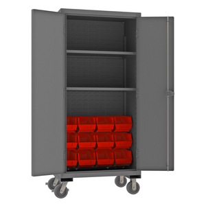 Durham HDCM36-12-2S1795 Mobile Cabinet, 12 Gauge, 2 Shelves, 12 Red Bins, 36 X 24 X 81