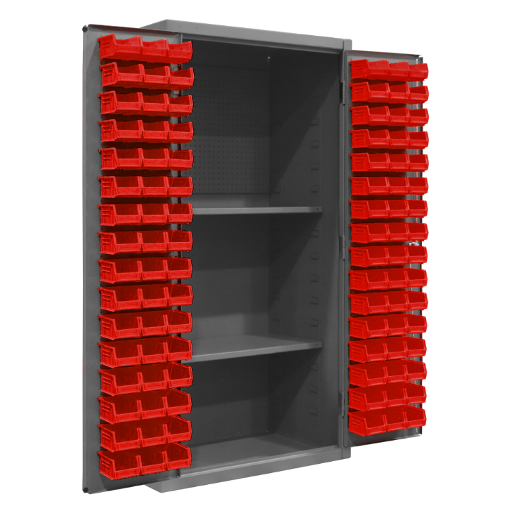 Durham 3501-DLP-PB-96-2S-1795 Cabinet, 14 Gauge, Pegboard, 2 Shelves, 96 Red Bins, 36 X 24 X 72