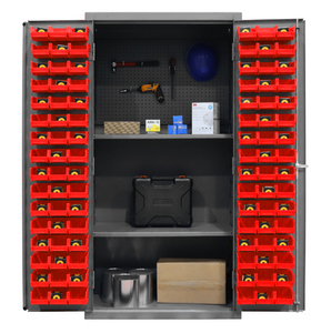 Durham 3501-DLP-PB-96-2S-1795 Cabinet, 14 Gauge, Pegboard, 2 Shelves, 96 Red Bins, 36 X 24 X 72