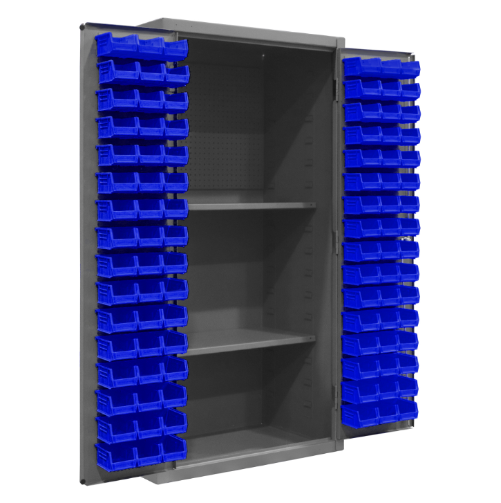 Durham 3501-DLP-PB-96-2S-5295 Cabinet, 14 Gauge, Pegboard, 2 Shelves, 96 Blue Bins, 36 X 24 X 72