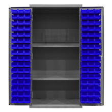 Load image into Gallery viewer, Durham 3501-DLP-PB-96-2S-5295 Cabinet, 14 Gauge, Pegboard, 2 Shelves, 96 Blue Bins, 36 X 24 X 72