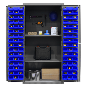 Durham 3501-DLP-PB-96-2S-5295 Cabinet, 14 Gauge, Pegboard, 2 Shelves, 96 Blue Bins, 36 X 24 X 72