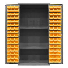 Load image into Gallery viewer, Durham 3501-DLP-PB-96-2S-95 Cabinet, 14 Gauge, Pegboard, 2 Shelves, 96 Yellow Bins, 36 X 24 X 72