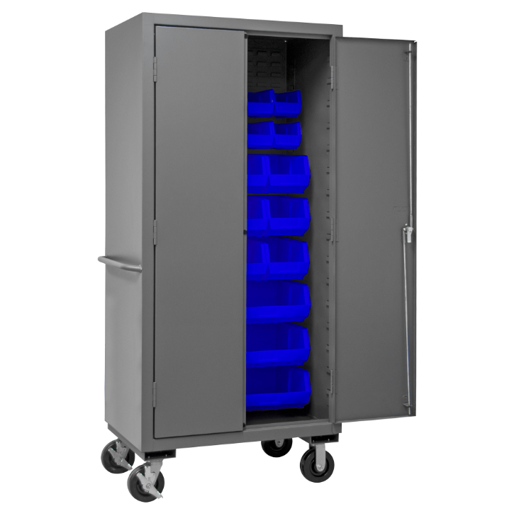 Durham 3501M-BLP-30-5295 Mobile Cabinet, 14 Gauge, 30 Blue Bins, 36 X 24 X 81