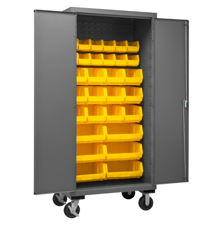 Durham 3501M-BLP-30-95 Mobile Cabinet, 14 Gauge, 30 Yellow Bins, 36 X 24 X 81