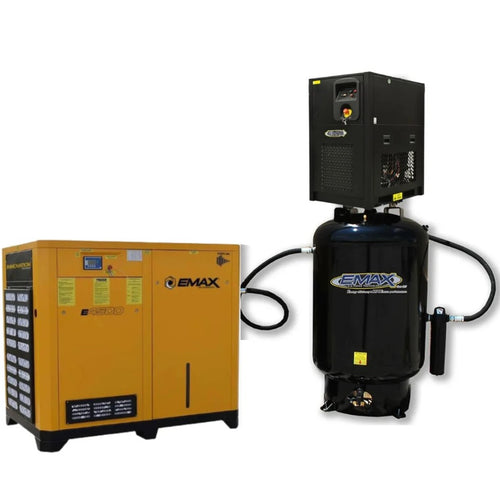 EMAX ERV010PKG3 10HP 3PH 208-230V/460 39CFM Energy Efficient Variable Speed Industrial Rotary Screw Compressor :: 58CFM Air Dryer mounted to a 120 Gallon Vertical Tank - w/ Auto Drain & Hydraulic Hose