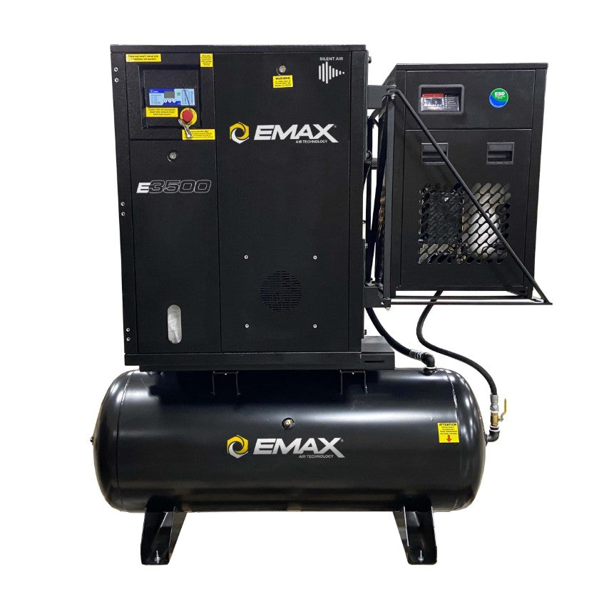 EMAX ERIK010001 10HP 1PH 39CFM Fixed Speed Industrial Rotary Screw Compressor mounted on a 120 Gal horizontal Tank swingarm 58CFM Air Dryer