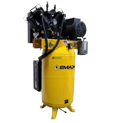 EMAX ESP10V080V3-460 Silent Air Industrial 10HP 38CFM 3- Phase 460V 2-Stage 80 Gal. Vertical Stationary Electric Air Compressor-W/ Pressure Lube Pump , Isolator Pads, Belt Tensioner, Continuous Run, Auto Drain