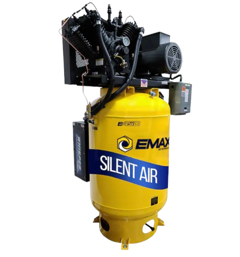 EMAX ESP10V120V3-208 Silent Air Industrial 10HP V4 38CFM 3- Phase 208/230V 2-Stage 120 Gal. Vertical Stationary Electric Air Compressor-W/ Pressure Lube Pump , Isolator Pads, Belt Tensioner, Continuous Run, Auto Drain