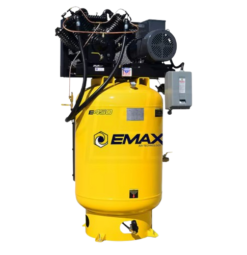 EMAX ESP10V120V3-460 Silent Air Industrial 10HP V4 38CFM 3- Phase 460V 2-Stage 120 Gal. Vertical Stationary Electric Air Compressor-W/ Pressure Lube Pump , Isolator Pads, Belt Tensioner, Continuous Run, Auto Drain
