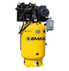 EMAX ESP10V120V3-460 Silent Air Industrial 10HP V4 38CFM 3- Phase 460V 2-Stage 120 Gal. Vertical Stationary Electric Air Compressor-W/ Pressure Lube Pump , Isolator Pads, Belt Tensioner, Continuous Run, Auto Drain