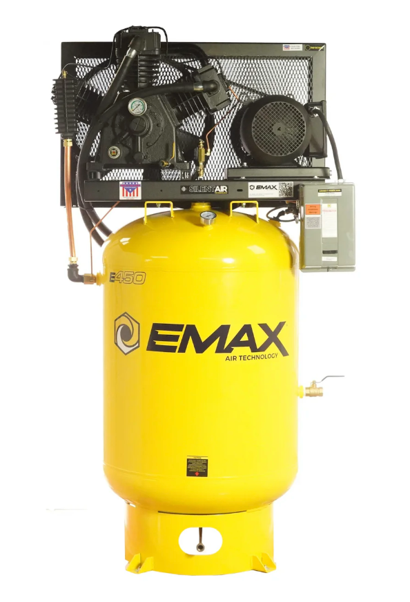 EMAX ESP10V120Y3-460 Silent Air Industrial 10HP 3CYL 39CFM 3- Phase 460V 2-Stage 120 Gal. Vertical Stationary Electric Air Compressor-W/ Pressure Lube Pump , Isolator Pads, Belt Tensioner, Continuous Run, Auto Drain