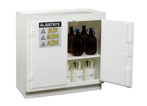 Justrite™ Freestanding corrosives/acid safety cabinet, thirty-six 2-1/2 L bottles, 2 door, White