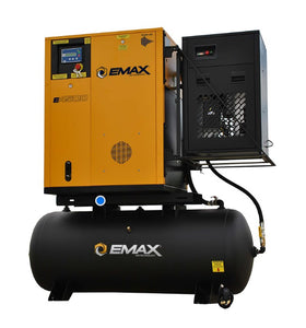EMAX ERVK100003 10HP 3PH 208/230V/460 39CFM Energy Efficient Variable Speed Rotary Screw Swing Arm :: 58CFM Dryer :: 120 Gallon Horizontal Tank - Matte Black w/ Auto Drain & Hydraulic Hoses