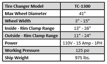Load image into Gallery viewer, Tuxedo Lifts TC-1300 Swing-Arm Tire Changer – 41" Max Wheel, 13"–26" Inside / 11"–24" Outside Rim Clamp