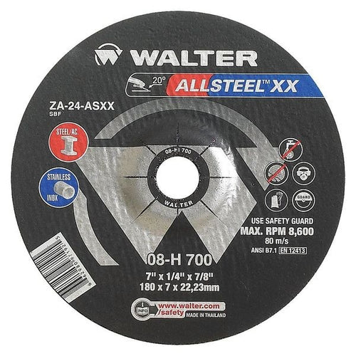 Walter Depressed Center Grinding Wheel, Type 27, 0.25 In Thick, Zirconia Alumina