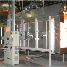 Load image into Gallery viewer, Binks electric infrared booster oven installed on a conveyor line with control cabinet and glowing emitter banks