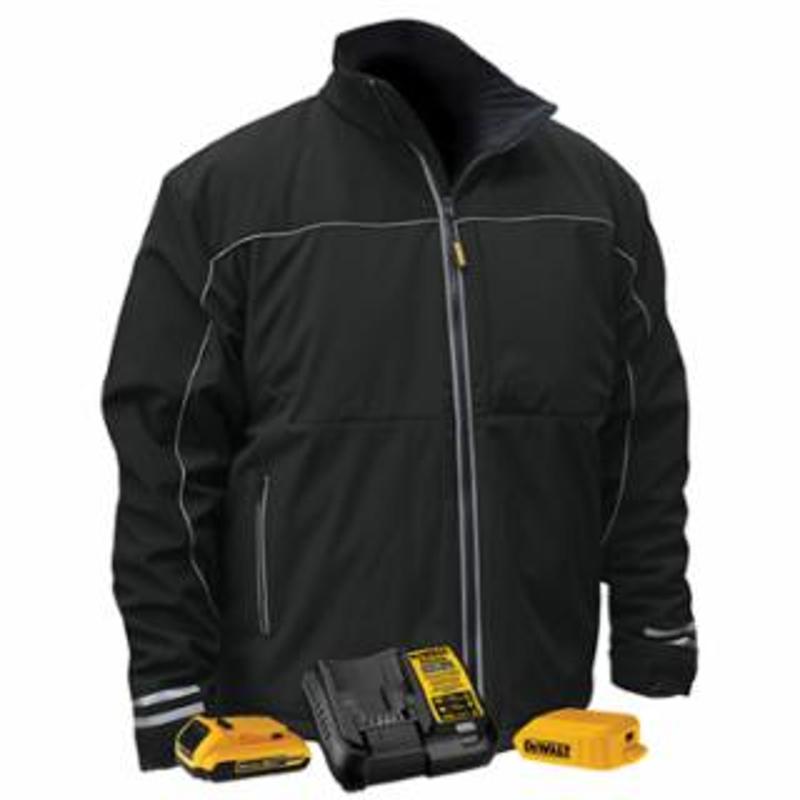 DeWalt Lightweight Soft-Shell Heated Jacket, Large, Brushed Twill/Polyester Fleece Lining, Black/Silver, Includes Battery Kit