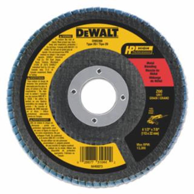 DeWalt High Performance T29 Flap Disc, 4-1/2 in, 60 Grit, 7/8 in Arbor, 13,300 RPM 10 EA / BOX