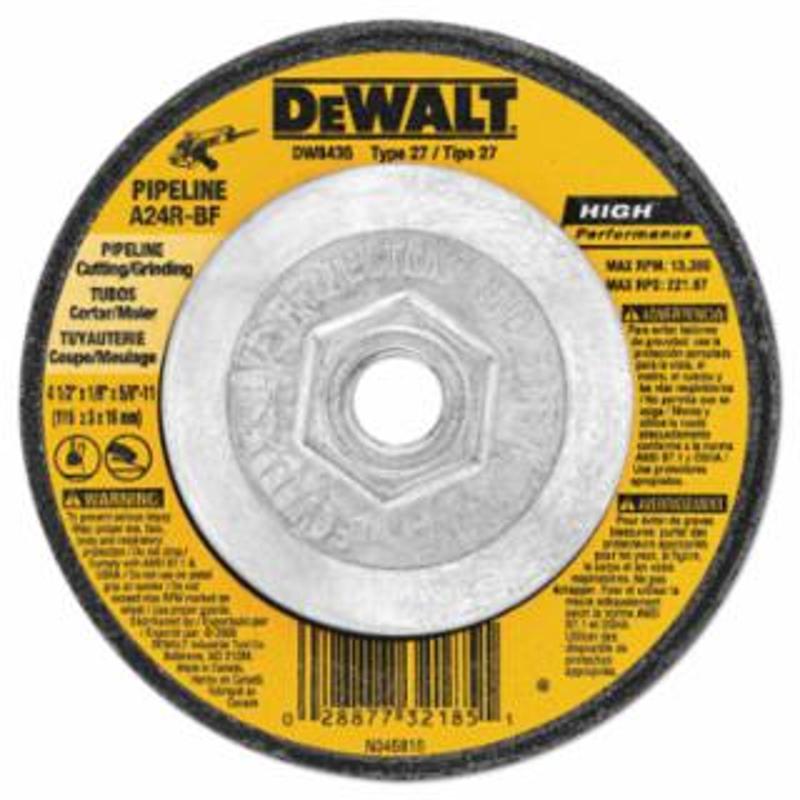 DeWalt Type 27 HP Metal Grinding Wheel, 4-1/2 in dia, 5/8 to 11, 13,300 RPM, 24 Grit 10 EA / PK