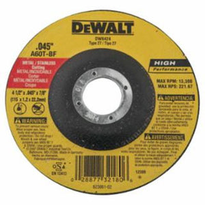 DeWalt HP T27 Metal Cuttiing Wheel, 4-1/2 in dia, 7/8 in Arbor, 13,300 RPM 
1 EA / EA