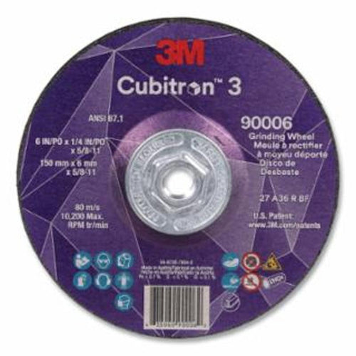 3M Abrasive Cubitron™ 3 Depressed Center Grinding Wheel, 6 in dia x 1/4 Thick 5/8 in-11 Arbor, 36+ Grit, T27 10 EA / Case