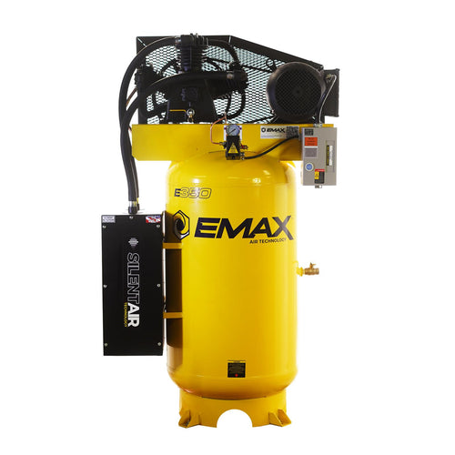 EMAX ESS07V080Y1 Silent Air Industrial 7.5HP 3CYL Two Stage 1Ph 26CFM 80 Gallon Air Compressor w/isolator pads - Splash Lube Pump