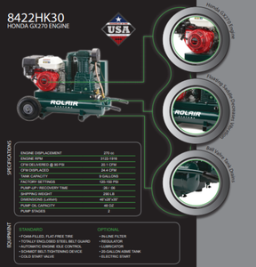 Rolair Systems Electric Start - 90 PSI @ 20.1 CFM 270cc Honda GX270 Engine 9 gal. Gas-Powered Air Compressor