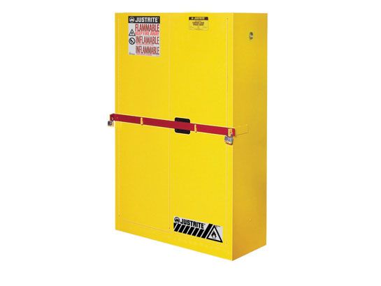 Justrite High Security 45-gal.capacity Flammables Safety Cab w/ Steel Bar - 2 Shelves & 2 Self-Close Doors - Yellow