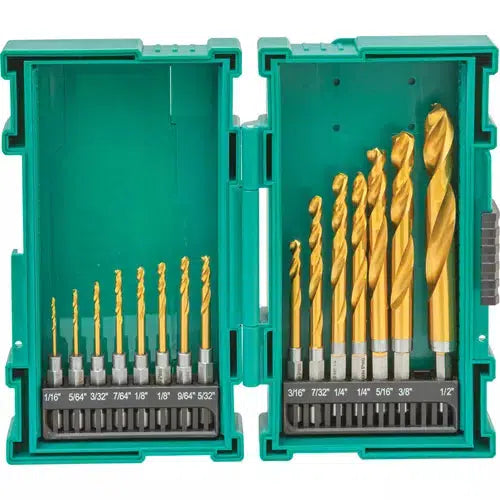 Grizzly PRO T33840 - M2 HSS TiN-Coated Quick-Release Hex Shank Drill Bit Set, 15 Pc.