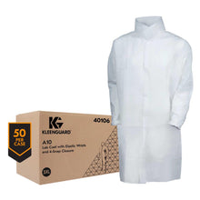 Load image into Gallery viewer, Kimberly Clark KleenGuard A10 Light Duty Apparel - Labcoat -  Serged Seams - 4 Snap Closure - Elastic Wrists - Knee Length - White - 2XL - 50 Each Case