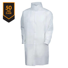 Load image into Gallery viewer, Kimberly Clark KleenGuard A10 Light Duty Apparel - Labcoat -  Serged Seams - 4 Snap Closure - Elastic Wrists - Knee Length - White - Large - 50 Each Case