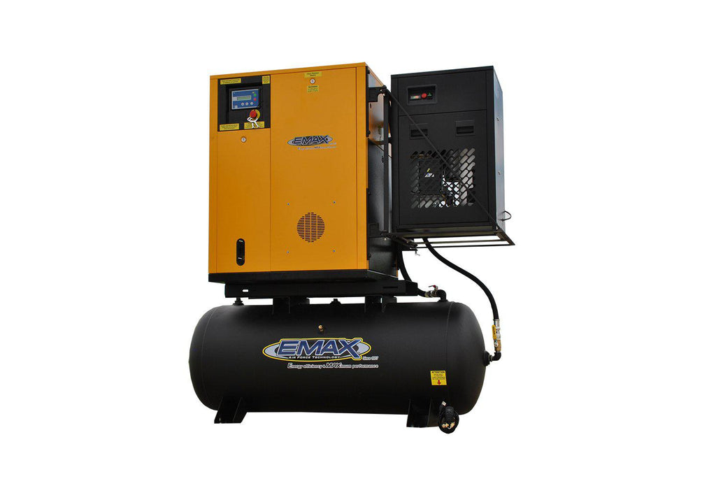 EMAX Swingarm Design Air Compressor Package - Single Phase Variable Speed 10 HP Rotary Screw Air Compressor (Tank & Dryer included)