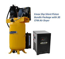 Load image into Gallery viewer, EMAX Silent Industrial Plus 5HP 208-230/460V 3-Phase 2-Stage 80 Gal. Vertical Stationary Electric Air Compressor w/ 30 CFM Dryer Bundle &amp; Pressure Lube Pump