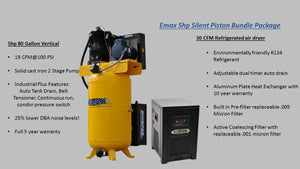 EMAX Silent Industrial Plus 5HP 208-230/460V 3-Phase 2-Stage 80 Gal. Vertical Stationary Electric Air Compressor w/ 30 CFM Dryer Bundle & Pressure Lube Pump