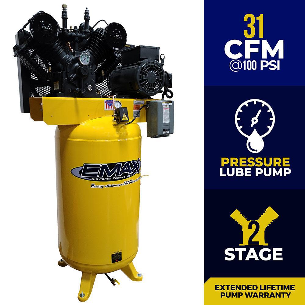 EMAX Industrial 100 PSI @ 31 CFM 80 gal. 208-230V 1-Phase Two Stage Vertical Stationary Air Compressor w/ Pressure Lube pump