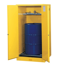 Load image into Gallery viewer, Justrite™ Sure-Grip® EX Vertical Drum Safety Cabinet and Drum Rollers, 55 Gal., 2 m/c doors, Yellow