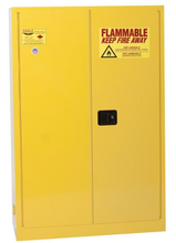 Load image into Gallery viewer, Eagle Flammables Safety Cabinet Combo, 45 Gal. Yellow, 2 Door, Self Close with 9 UI50FS Safety Cans