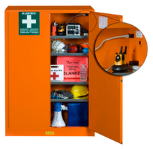 Load image into Gallery viewer, Justrite™ Emergency Preparedness Storage Cabinet, PowerPort™ pass-thru, 4 shelves, 2 keys, Orange