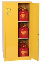 Load image into Gallery viewer, Eagle Flammables Safety Cabinet Combo, 60 Gal. Yellow,2 Door, Man. Close with 12 UI50FS Safety Cans