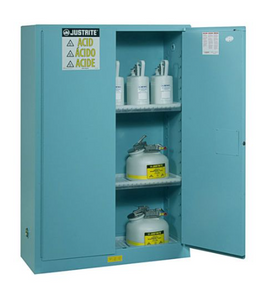 Justrite™ Sure-Grip® EX Corrosives/Acid Steel Safety Cab., 60 Gal, 2 shelves, 1 bifold s/c door, Blue