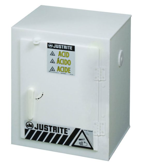 Justrite™ Countertop corrosives/acid safety cabinet, six 2-1/2 L bottles, 1 door, White