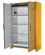 Load image into Gallery viewer, Justrite™ 90-Minute EN Flammable Safety Cabinet, 45 Gal., 3 shelves, 2 hybrid-close doors, Yellow