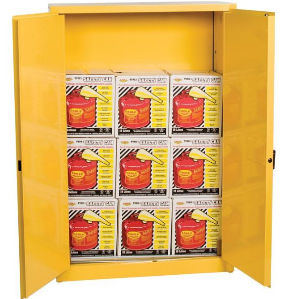 Eagle Flammables Safety Cabinet Combo, 45 Gal. Yellow, 2 Door, Man. Close with 9 UI50FS Safety Cans