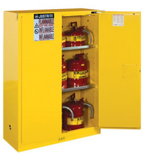 Load image into Gallery viewer, Sure-Grip® EX 90-gal.capacity Flammable Safety Cabinet w/ 2 Shelves &amp; 1 Bi-Fold/Sliding Self Close Door - Yellow